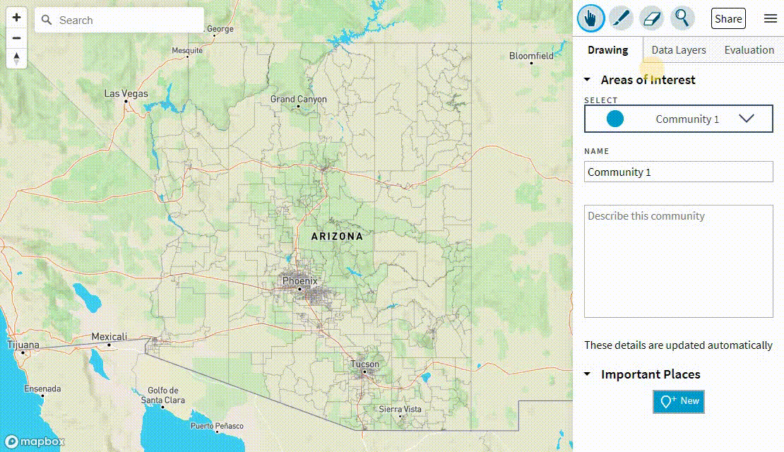 In the Data Layers toolbar,
              we can also display partisan lean from previous election data offered in a drop down.